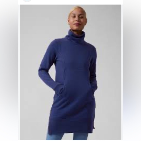 Athleta Cozy Karma Funnel Neck Sweatshirt Dress. Enchanted Blue color. Zippers - Picture 1 of 14